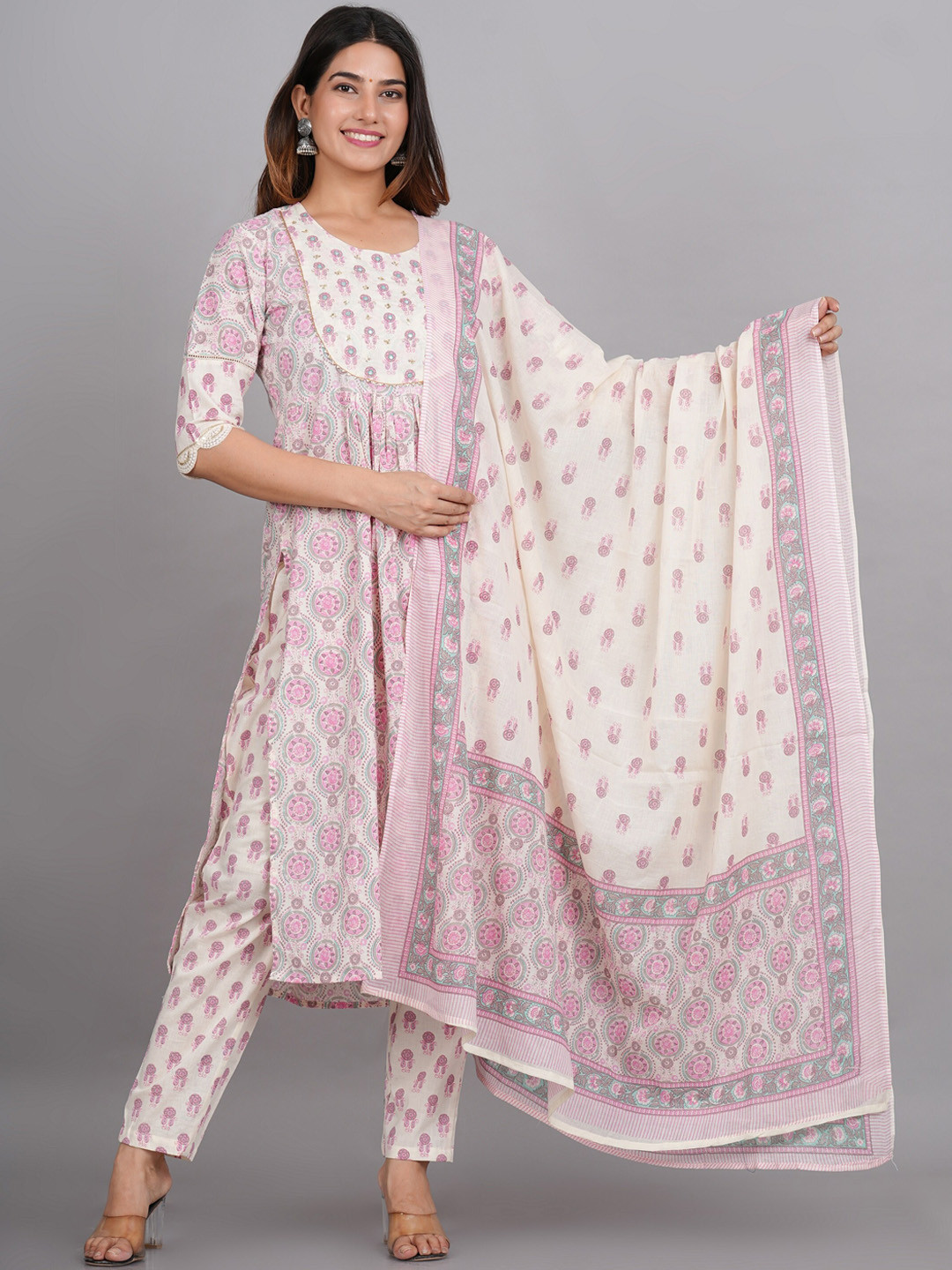 LIVING ROOTS Floral Printed Mirror Work Pure Cotton Kurta With Trouser & Dupatta