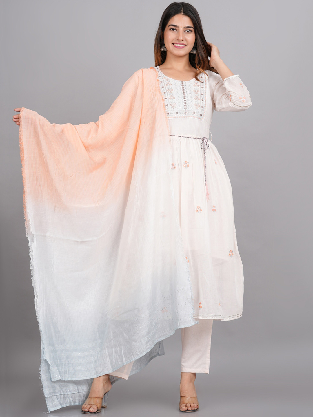 LIVING ROOTS Floral Embroidered Sequinned Cotton Anarkali Kurta with Trousers & Dupatta