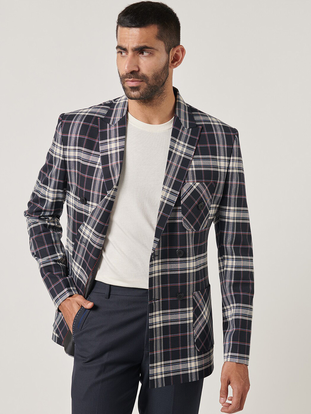 MR BUTTON Checked Slim-Fit Peaked Lapel Collar Double Breasted Blazer