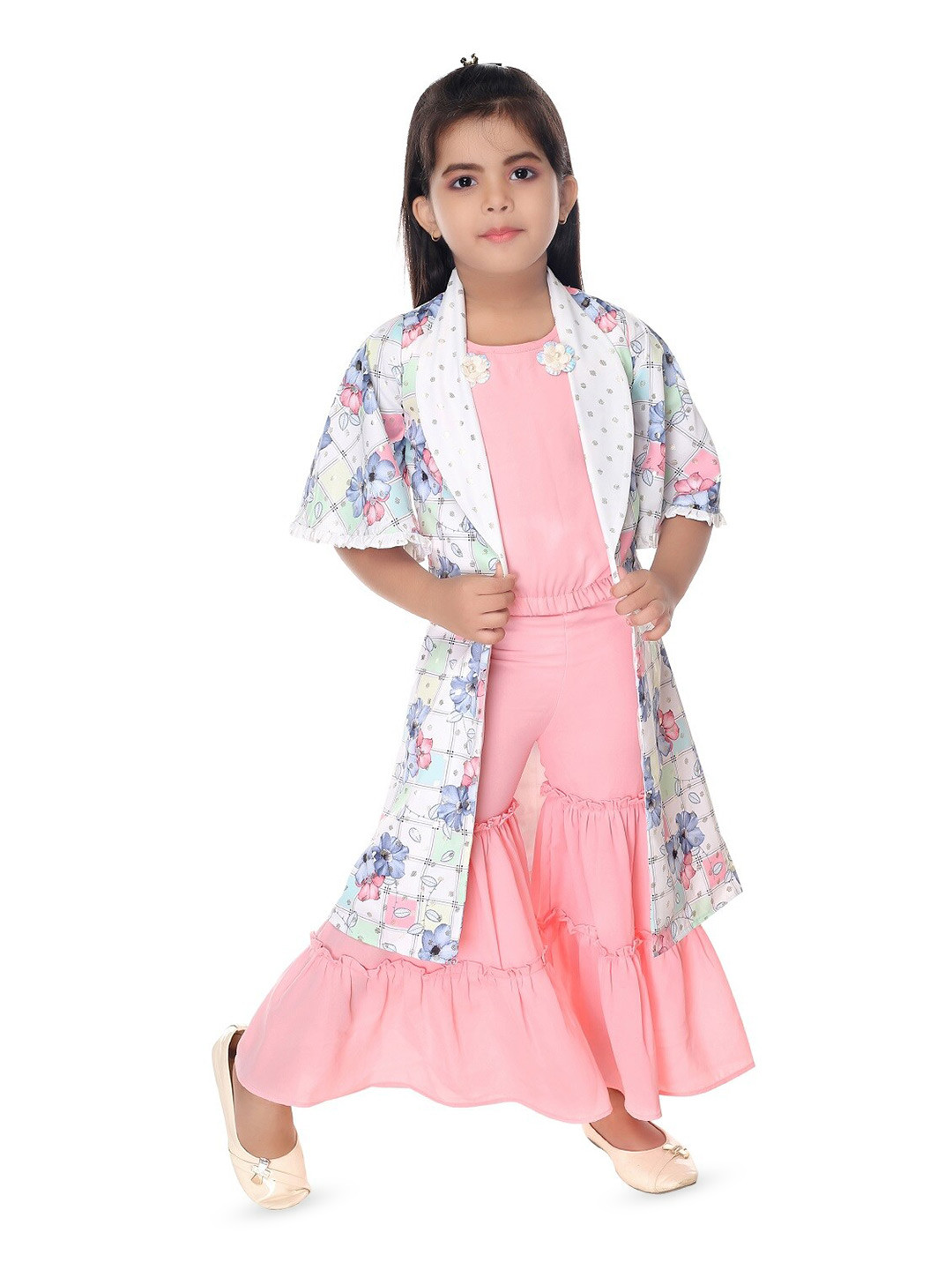 Nottie Planet Girls Pink & White Printed Coat with Palazzos