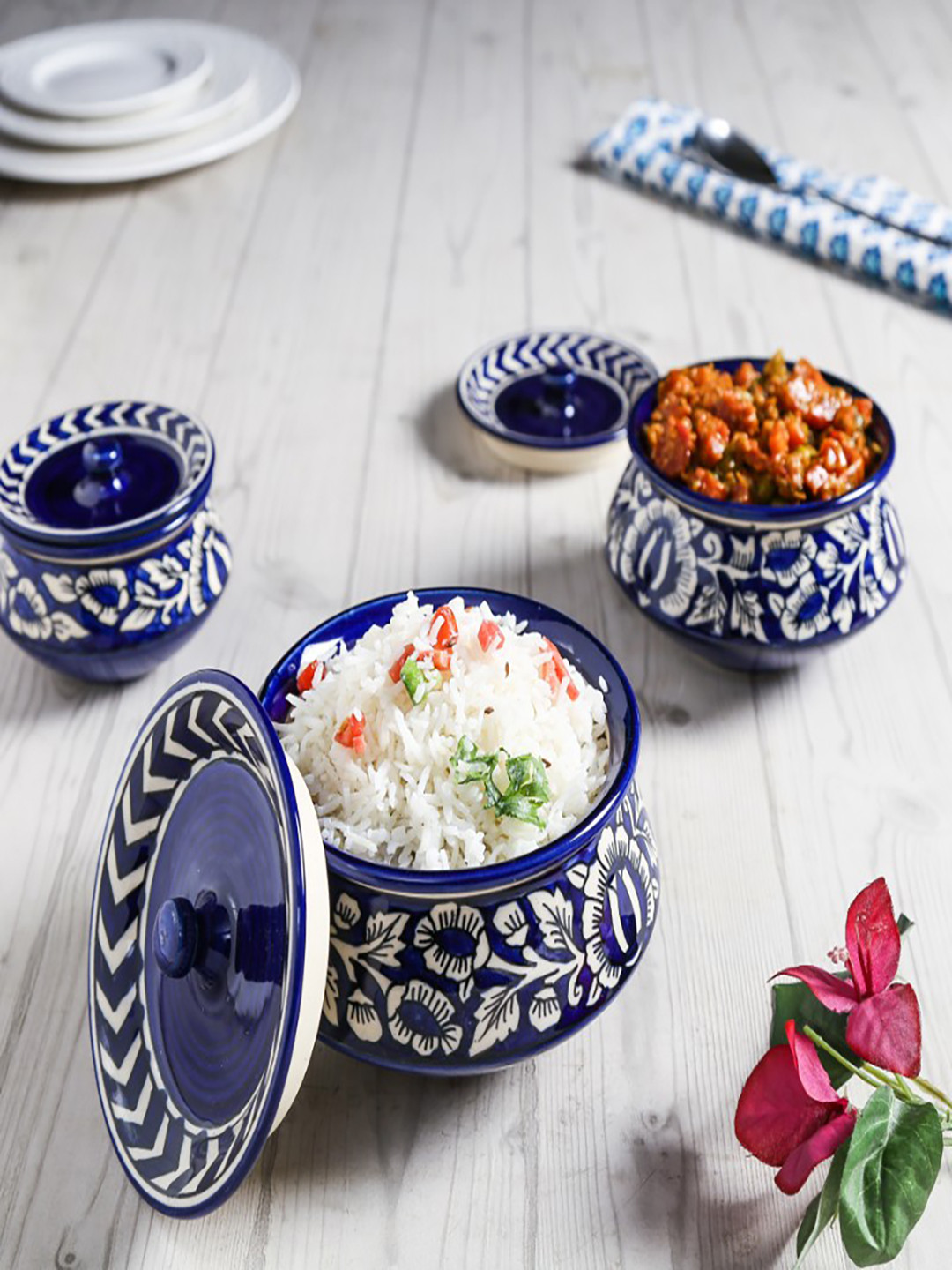 Unravel India Blue & White 3-Pieces Printed Ceramic Bowls Set