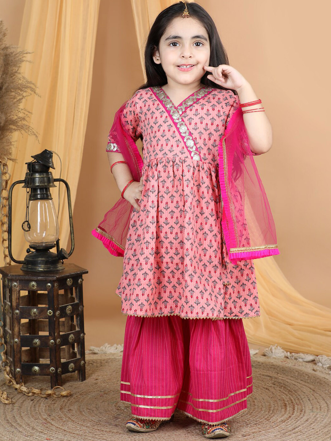 Here&Now X Kinder KidsGirls Floral Printed Angrakha Pure Cotton Kurti With Sharara & Dupatta