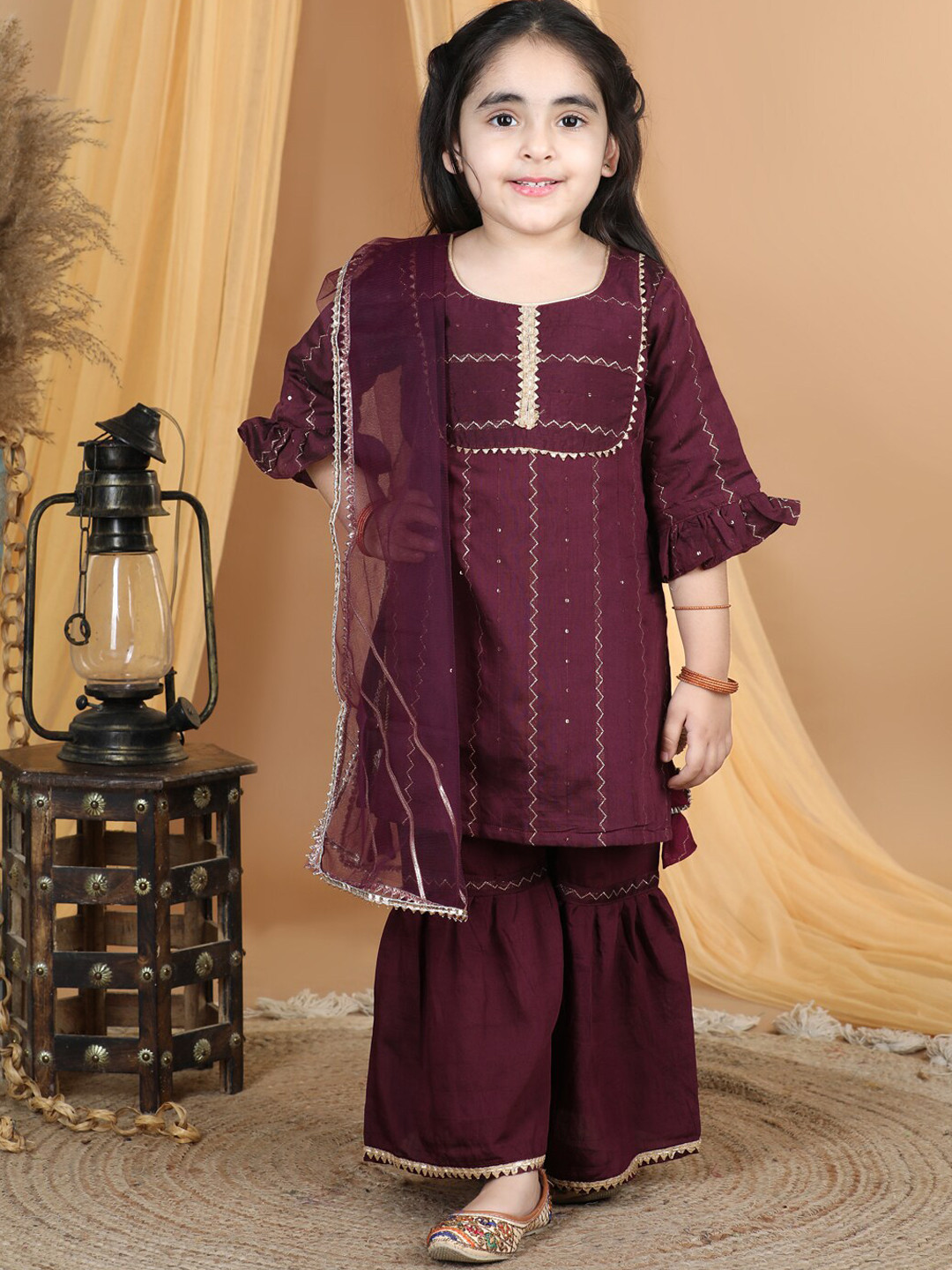 Here&Now X Kinder KidsGirls Embroidered Gotta Patti Pure Cotton Kurta with Sharara & Dupatta