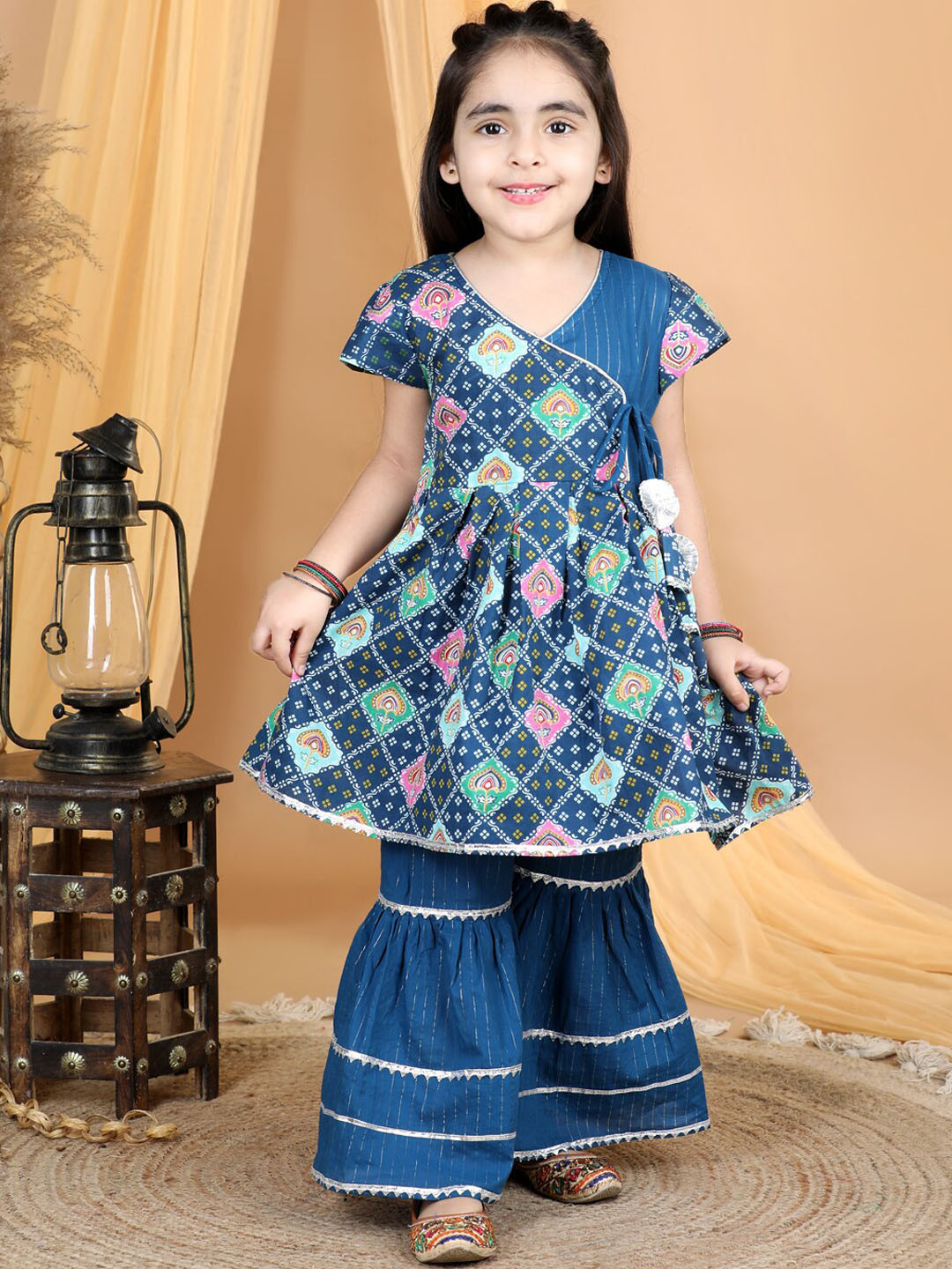 Here&Now X Kinder KidsGirls Geometric Printed Angrakha Pure Cotton Kurti With Sharara