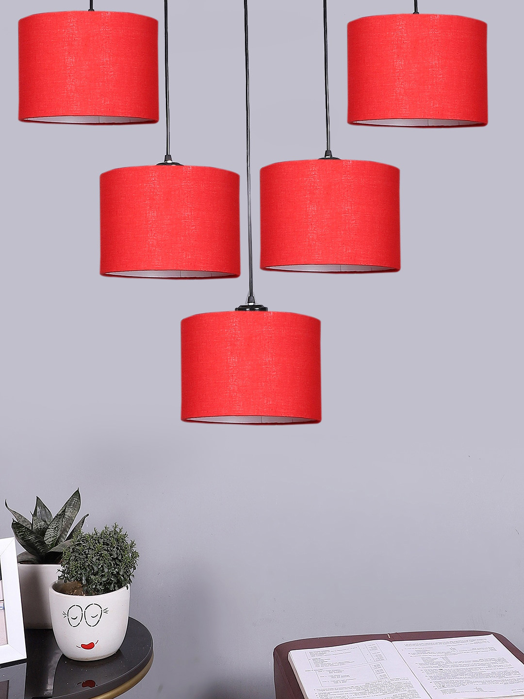 Devansh Red Cotton  Round Drum Quintuple Cluster Hanging Lamp