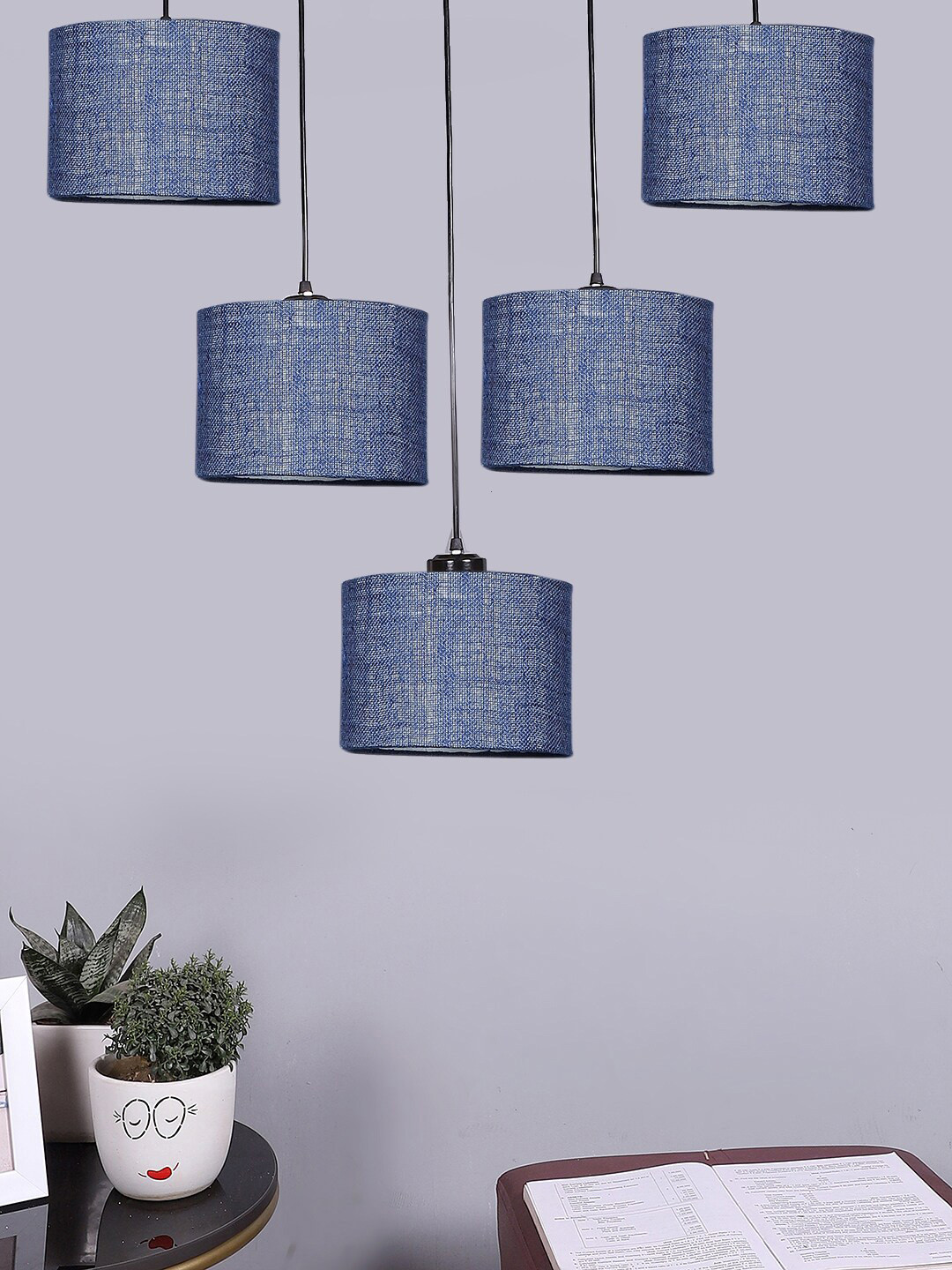Devansh Blue & Black Jute Round Drum Quintuple Hanging Pendant Lamp