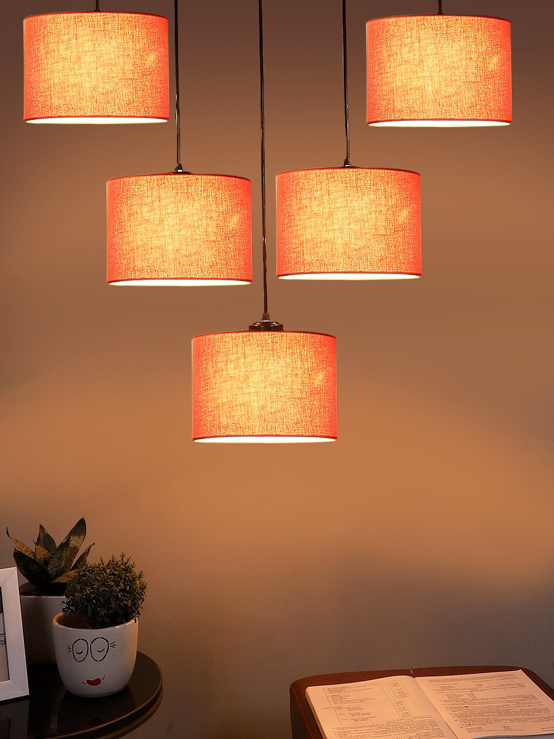 Devansh Orange Cotton  Round Drum Quintuple Cluster Hanging Lamp