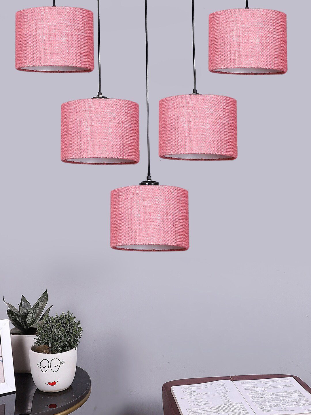 Devansh Pink Jute Round Drum Quintuple Hanging Pendant Lamp