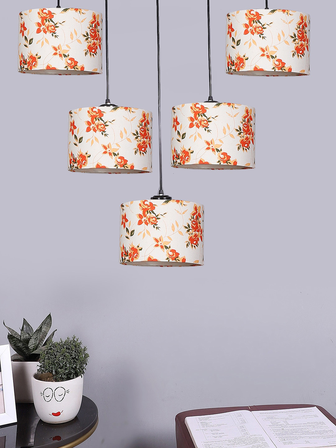 Devansh Beige & Orange Printed Cotton  Round Drum Quintuple Hanging Pendant Lamp