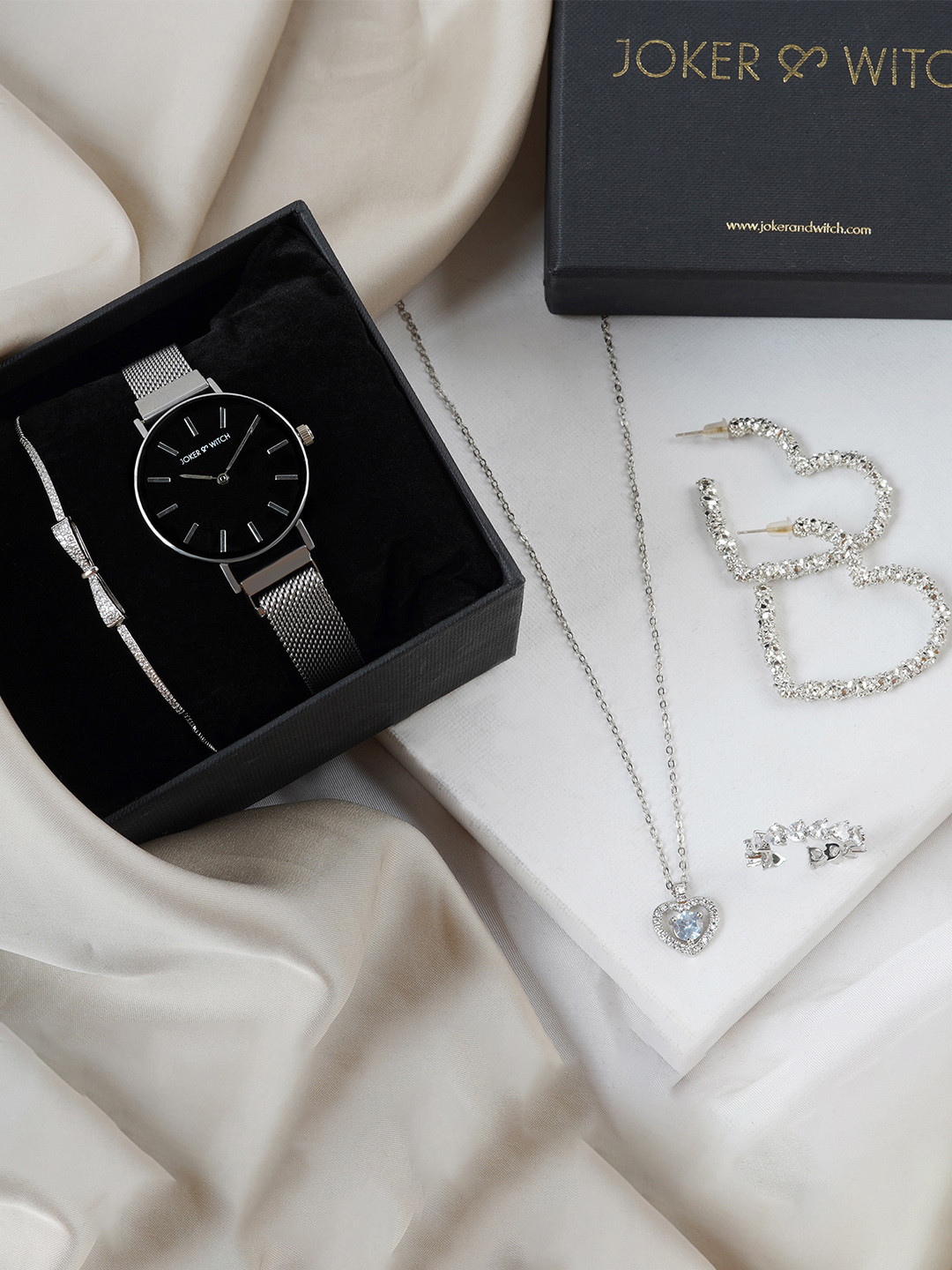 JOKER & WITCH Women Heart Love Stack Watch & Silver Plated Jewellery Gift Set JWLS495