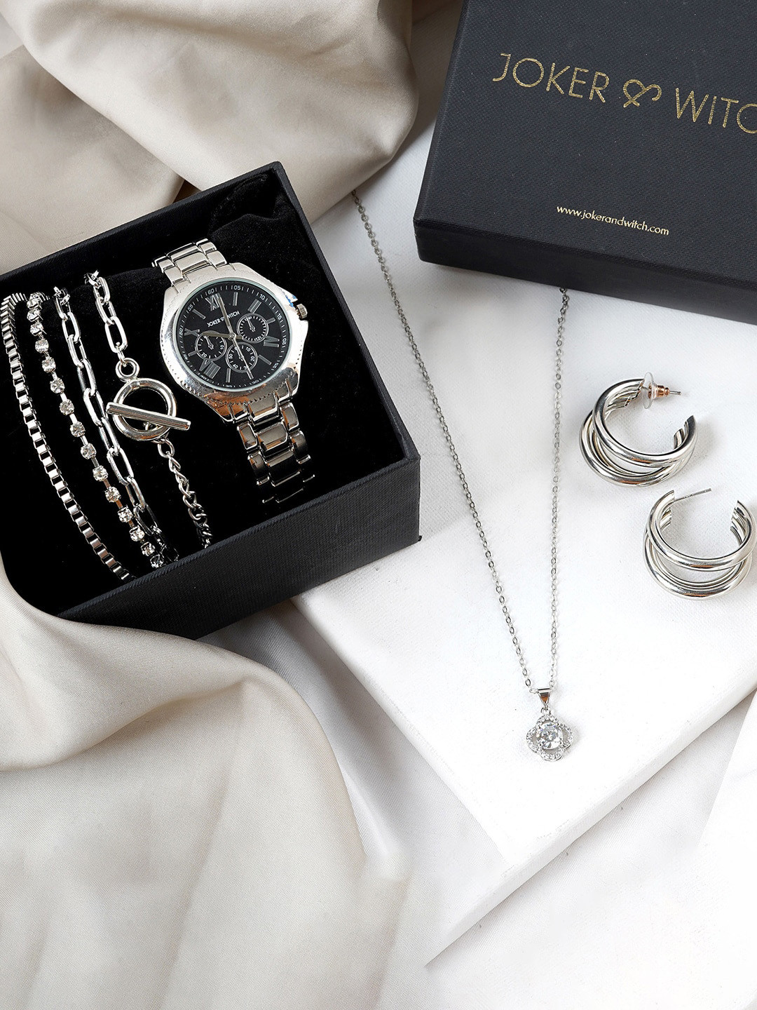 JOKER & WITCH Women Glaze Love Stack Watch & Silver Plated Jewellery Gift Set JWLS553