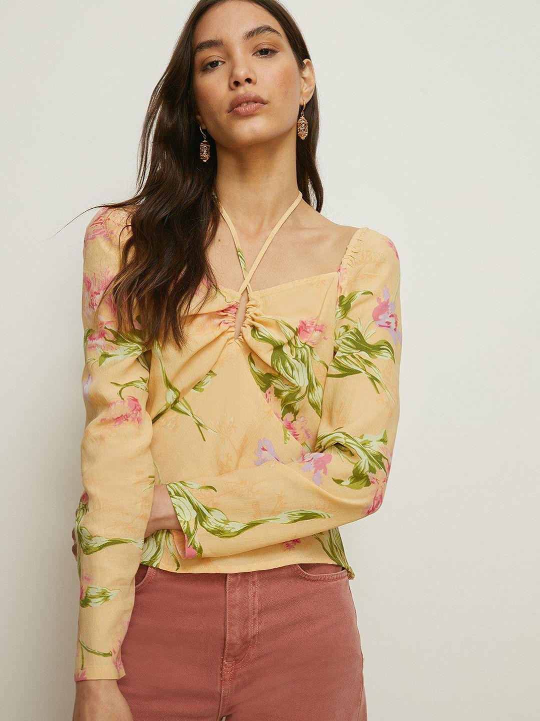 OASIS Keyhole Tie Detail Floral Print Puff Sleeve Top