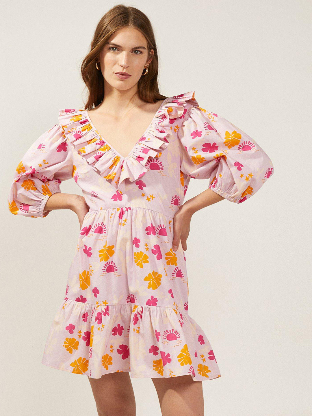 OASISx Charlie Taylor Palm Floral Print Puff Sleeve Ruffled A-Line Mini Dress