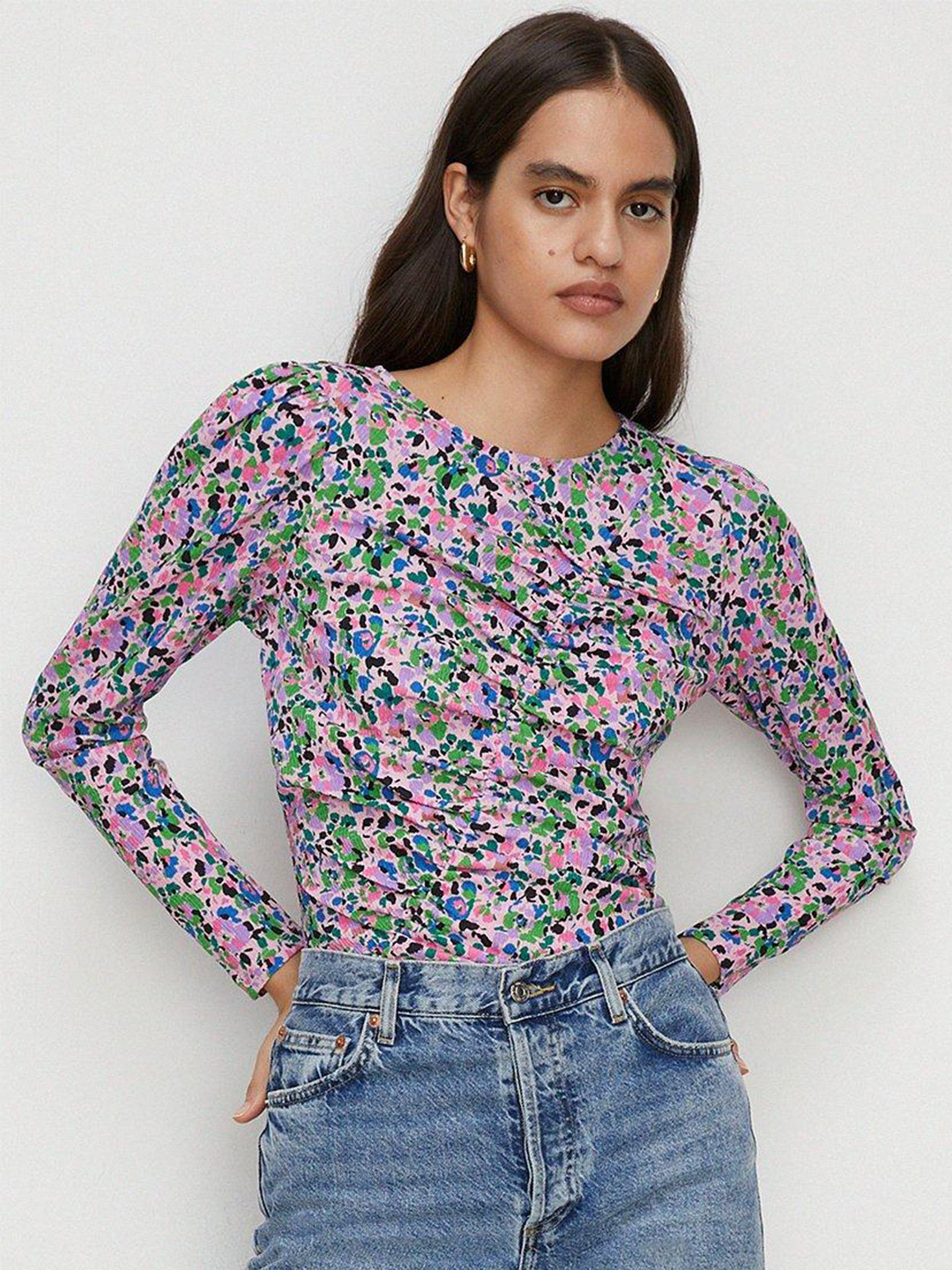 OASIS Crinkle Floral Print Ruched Top