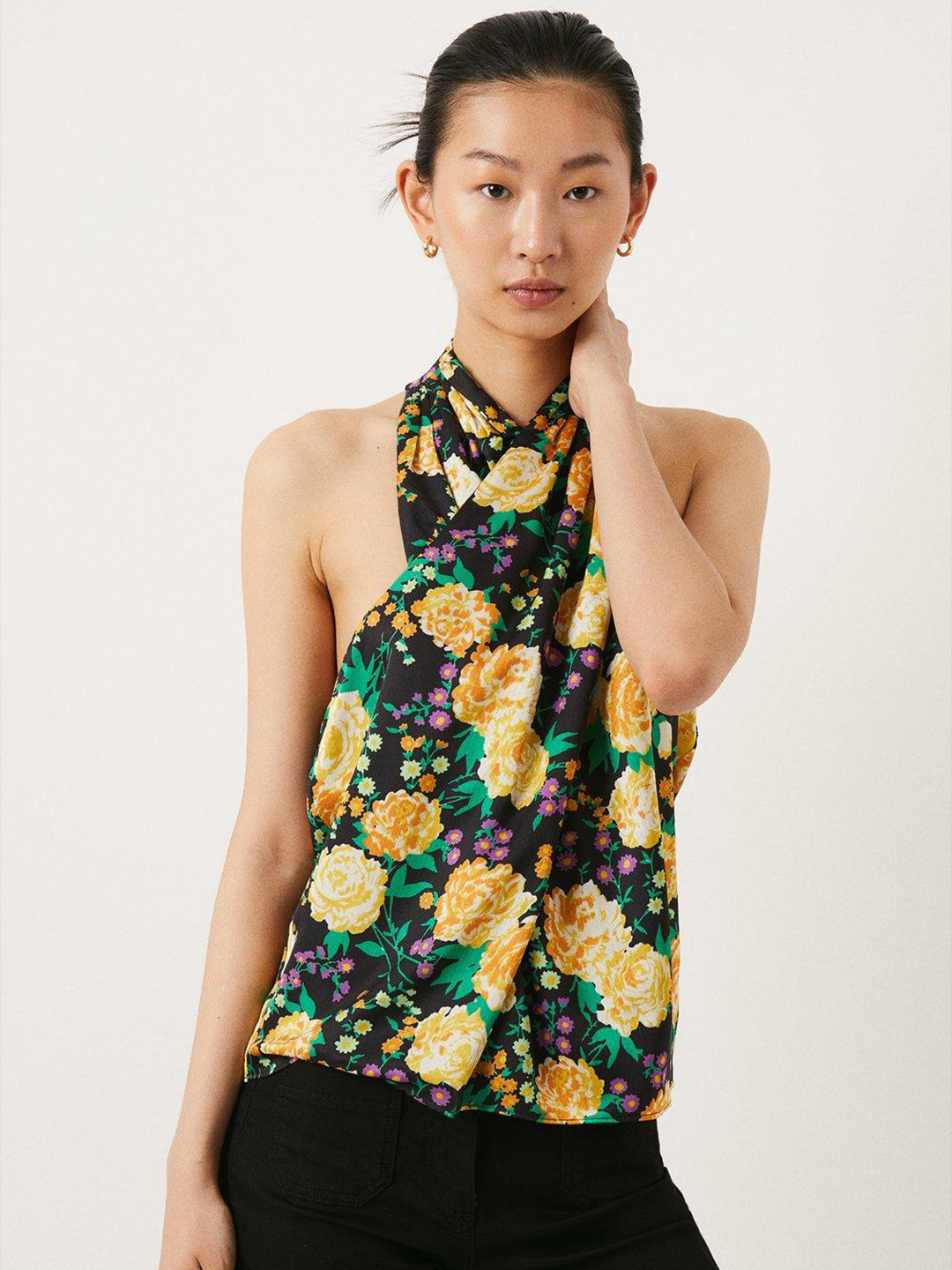 OASIS Floral Printed Halter Satin Finish Top