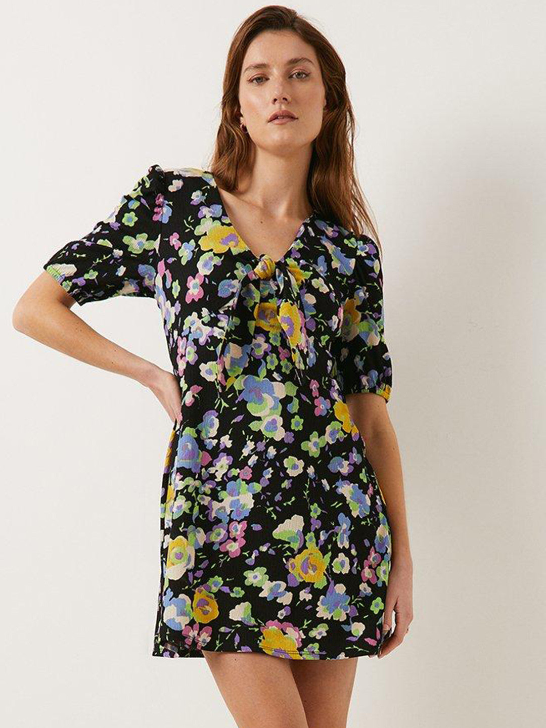 OASIS Crinkle Floral Print Puff Sleeve A-Line Mini Dress