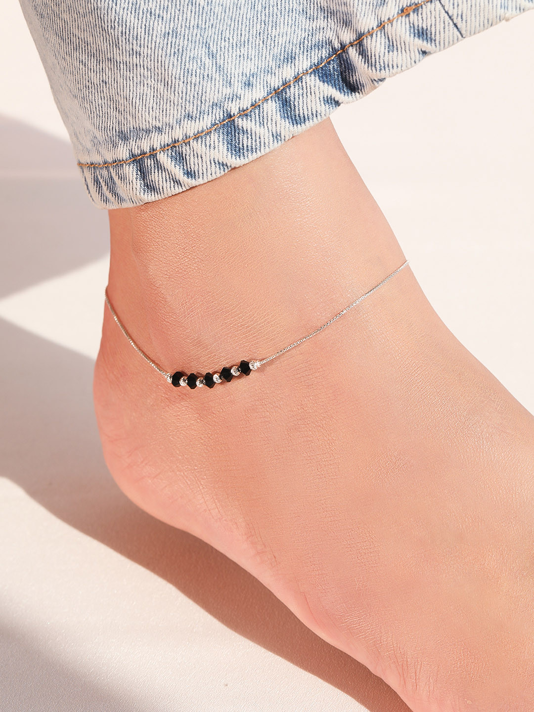Zavya Women Rhodium-Plated Beaded 925 Sterling Silver Anklet