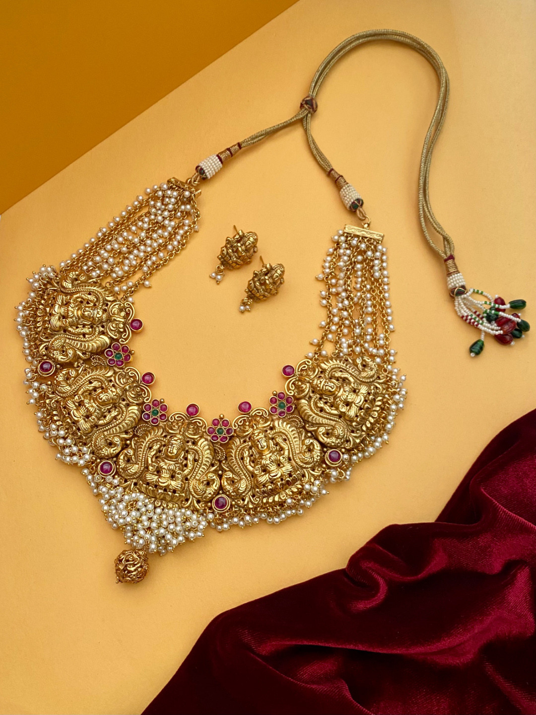 Pihtara Jewels Gold-Plated Stone-Studded & Beaded Temple Jewellery Set