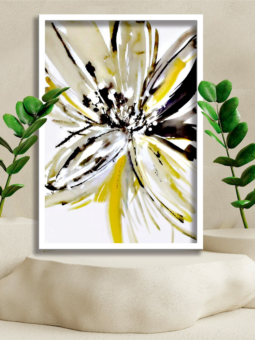 SAF Grey & Green Abstract Flower Painting Framed Wall Art