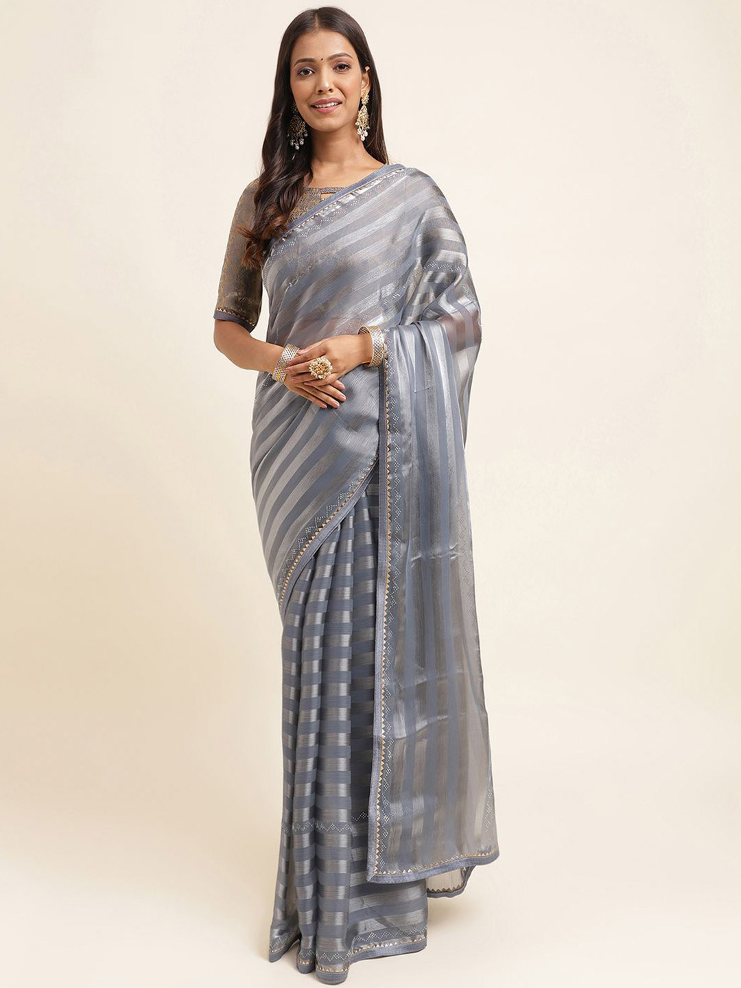 Mitera Grey & Gold-Toned Striped Beads and Stones Tissue Saree