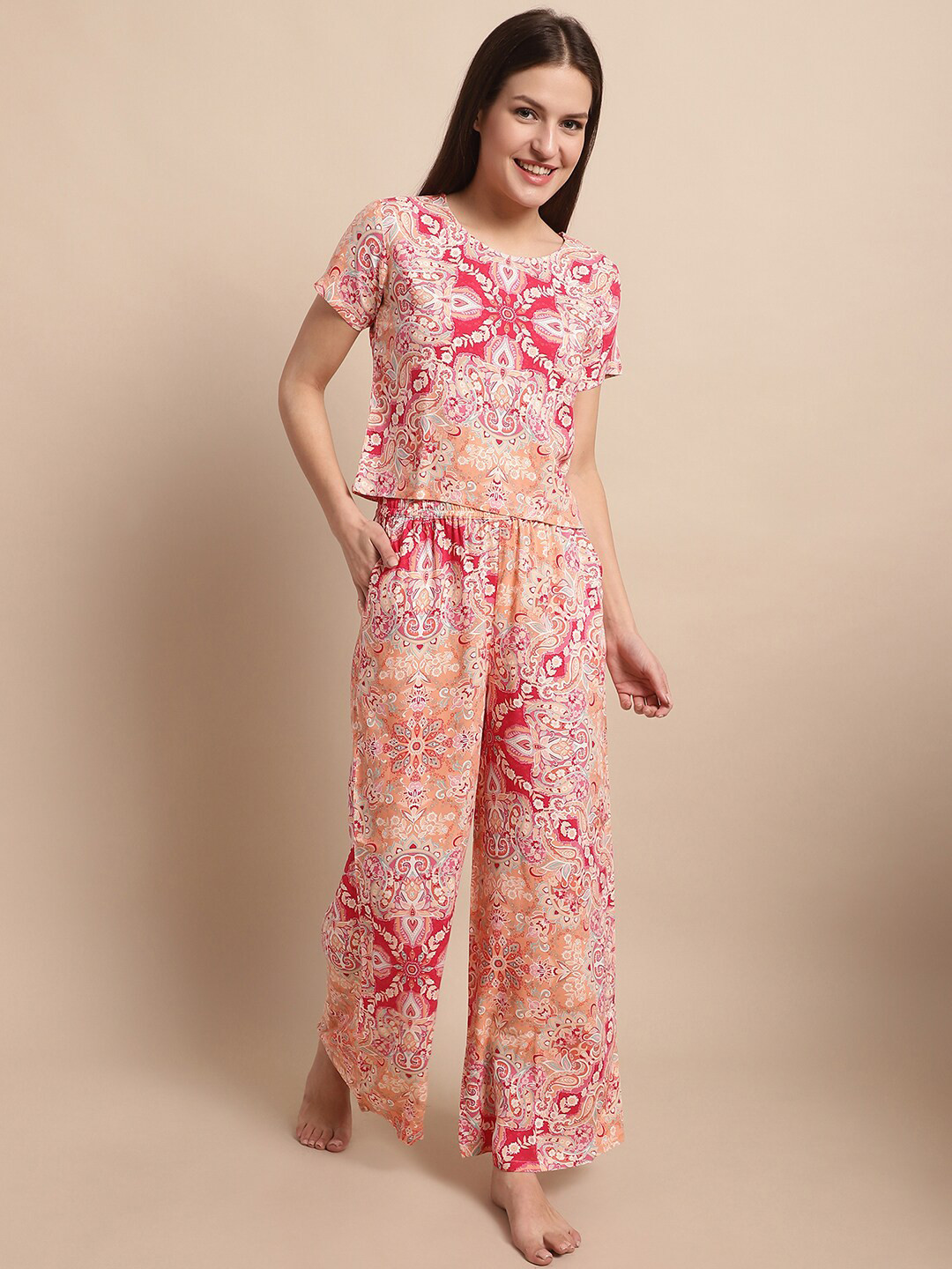 Boston Club Ethnic Motifs Printed Cropped Top & Lounge Pants