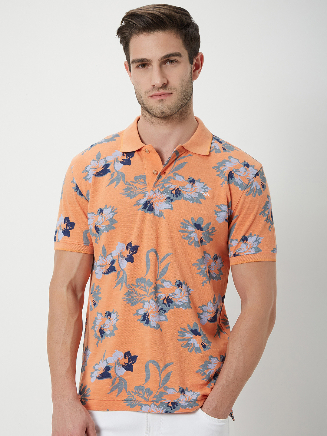 Mufti Men Peach-Coloured Printed Polo Collar Pockets Slim Fit T-shirt