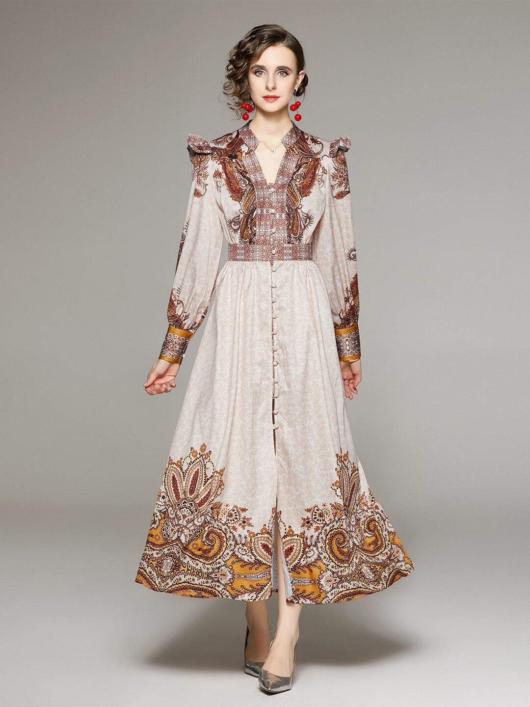 JC Collection Floral Printed Cuff Sleeves Ruffled Maxi Dress
