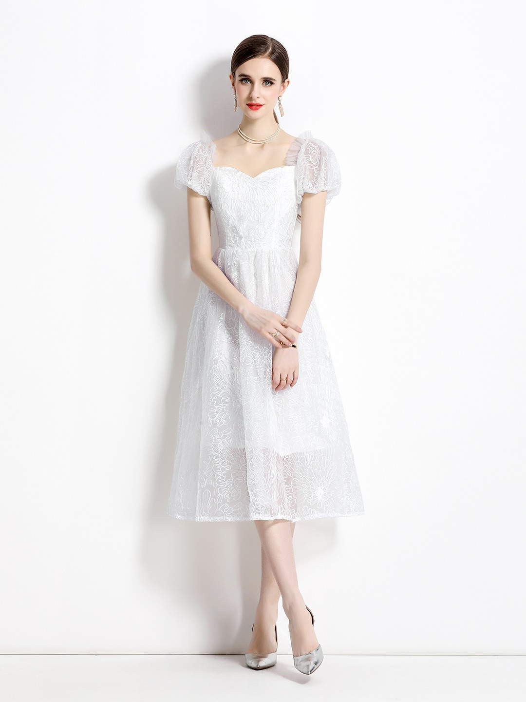 JC Collection White Puff Sleeve Fit & Flare Midi Dress