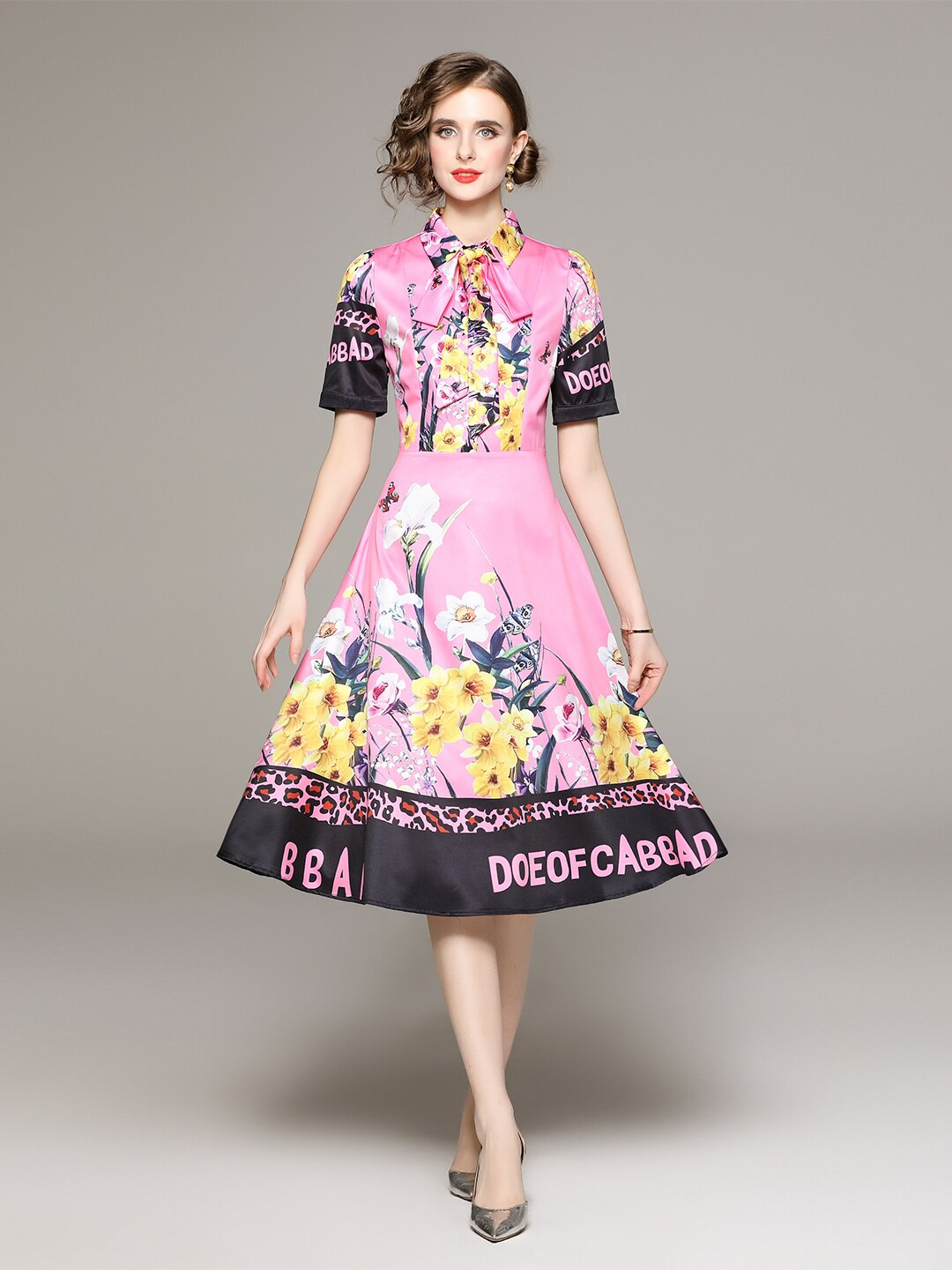 JC Collection Graphic Printed Shirt Collar Neck & Tie Up Detailed Fit & Flare Dress