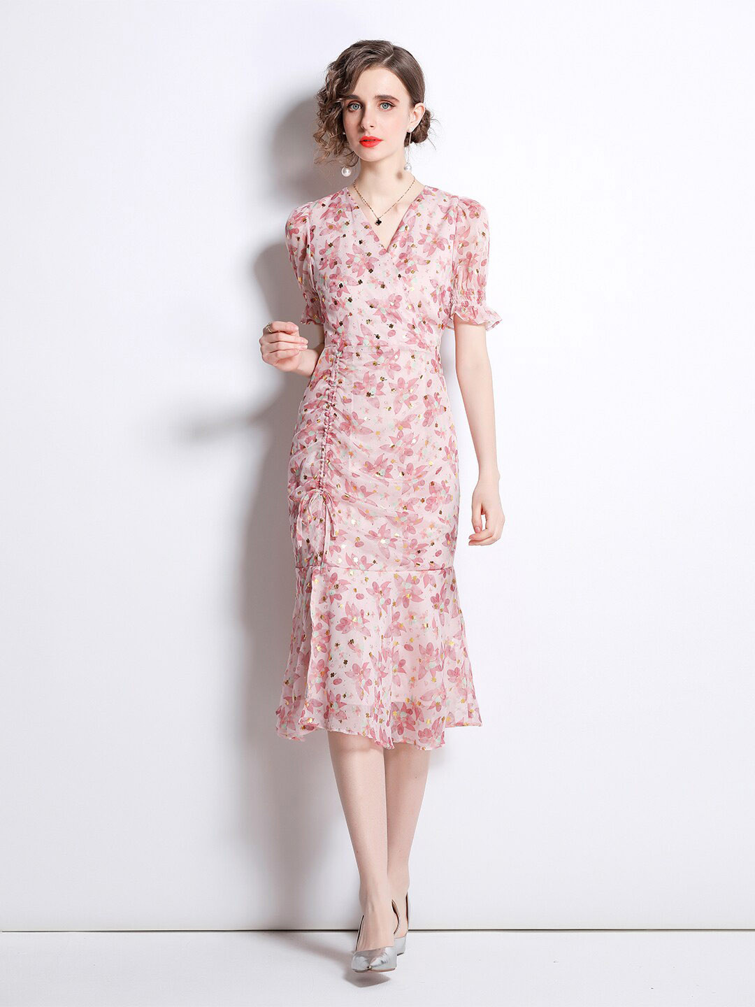 JC Collection Floral Printed Ruched Wrap Midi Dress
