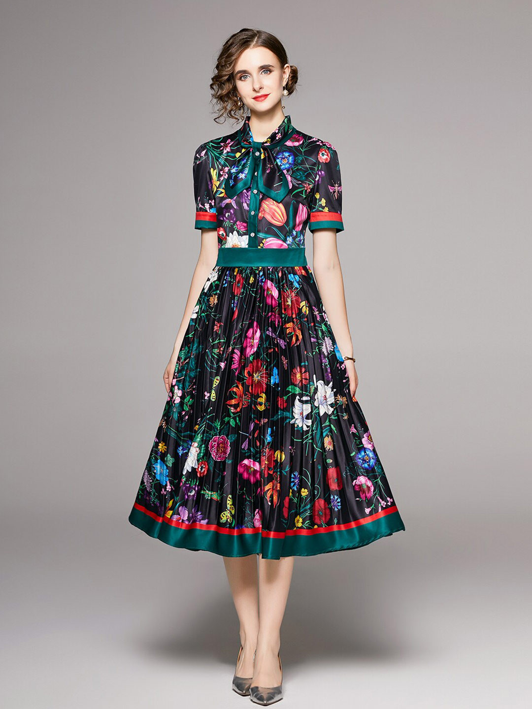 JC Collection Floral Printed Accordion Pleated Shirt Midi Dress