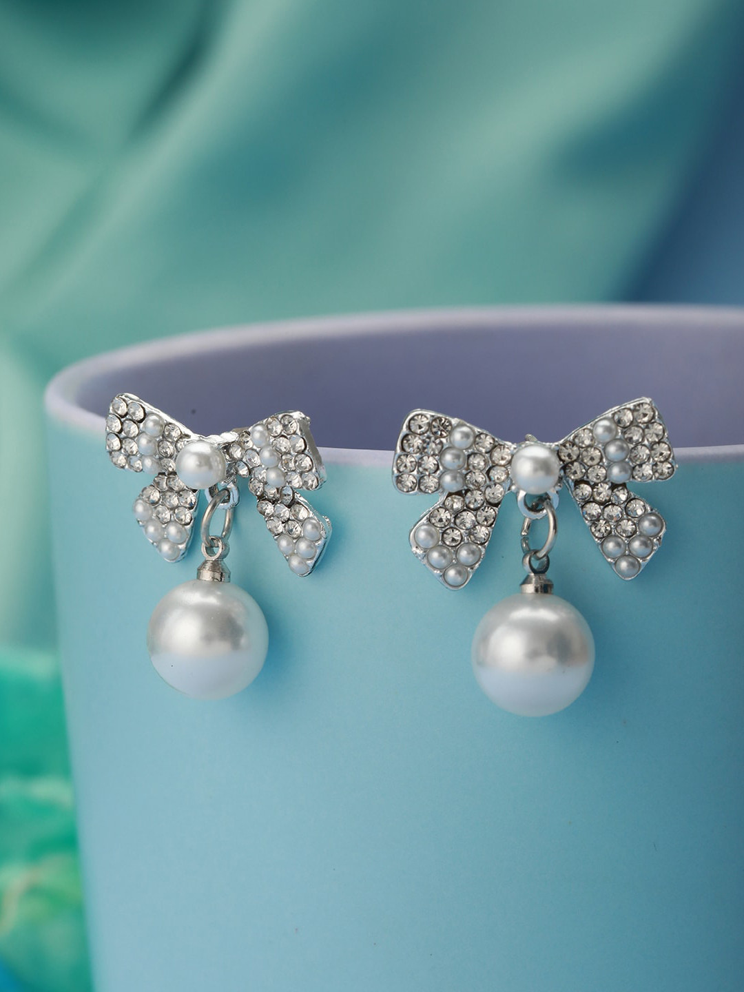 PRITA BY PRIYAASI Silver-Plated Pearl & American Diamond Studded Stud Earrings