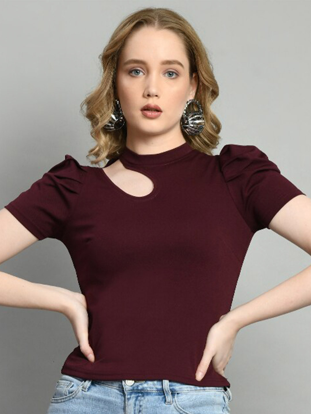 IUGA Purple High Neck Puff Sleeve Top