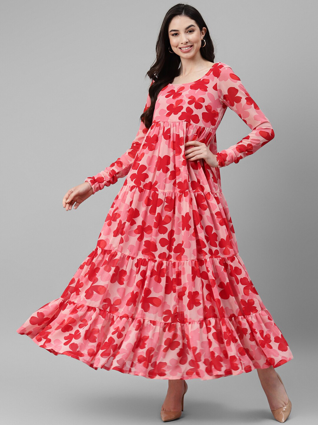 DEEBACO Red Floral Print Georgette Maxi Dress