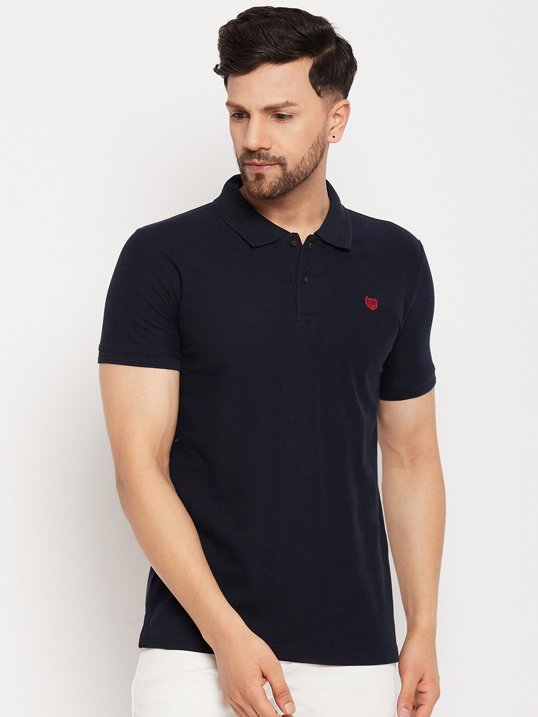 Duke Men Blue Polo Collar Applique Slim Fit T-shirt