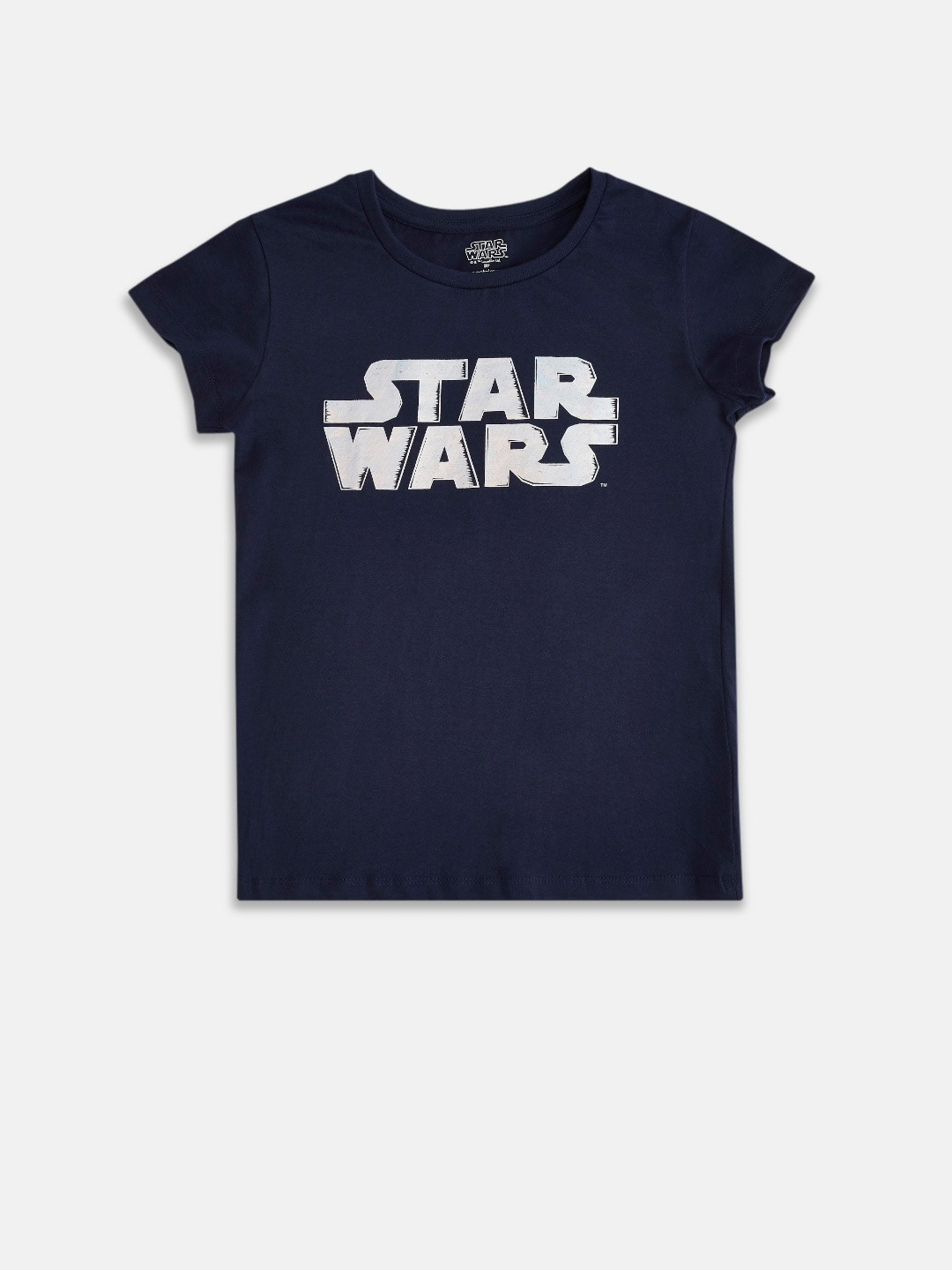 Pantaloons Junior Girls Navy Blue Typography Star Wars Printed Applique T-shirt