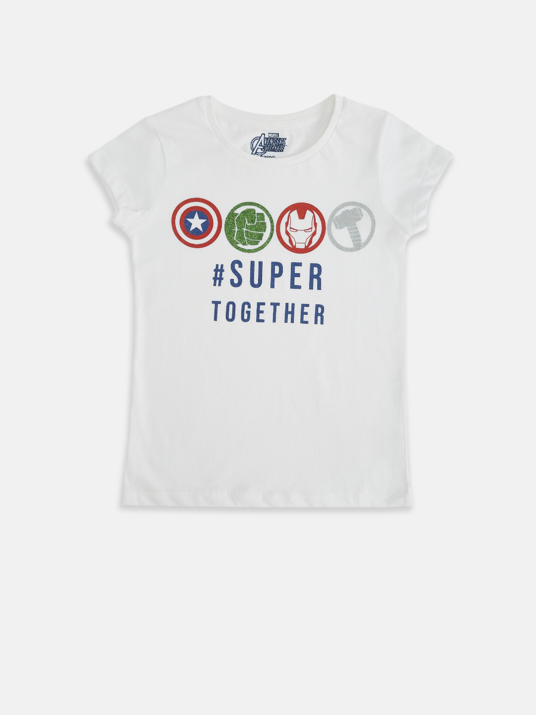 Pantaloons Junior Girls White Avengers Printed Extended Sleeves Applique T-shirt