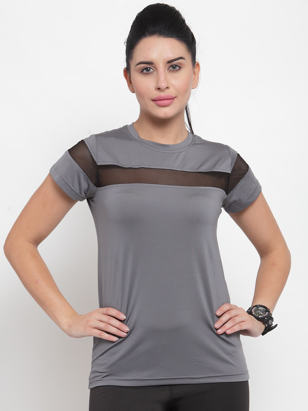 Boston Club Women Grey Striped Drop-Shoulder Sleeves Dri-FIT Pockets T-shirt