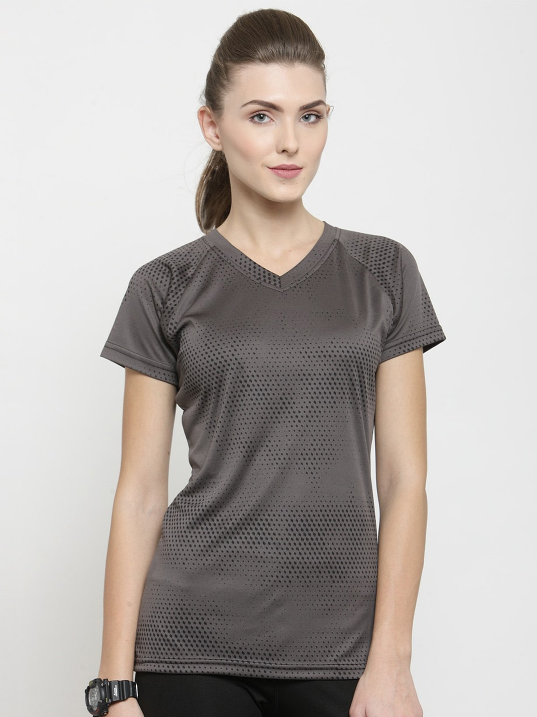Boston Club Women Brown V-Neck Dri-FIT Pockets T-shirt
