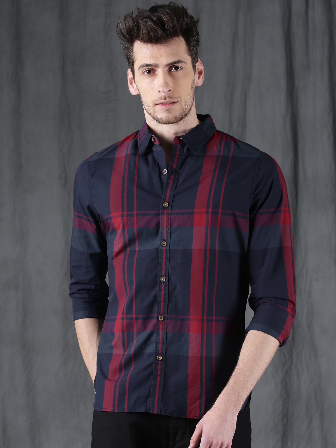 WROGN Men Navy Blue Checked Casual Hooded Shirt (39) by Myntra