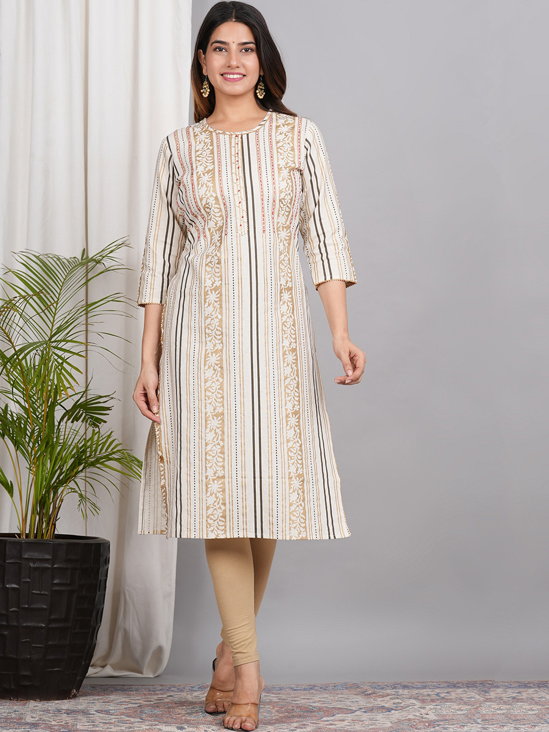 LIVING ROOTS Ethnic Motifs Printed Gotta Patti Straight Kurta