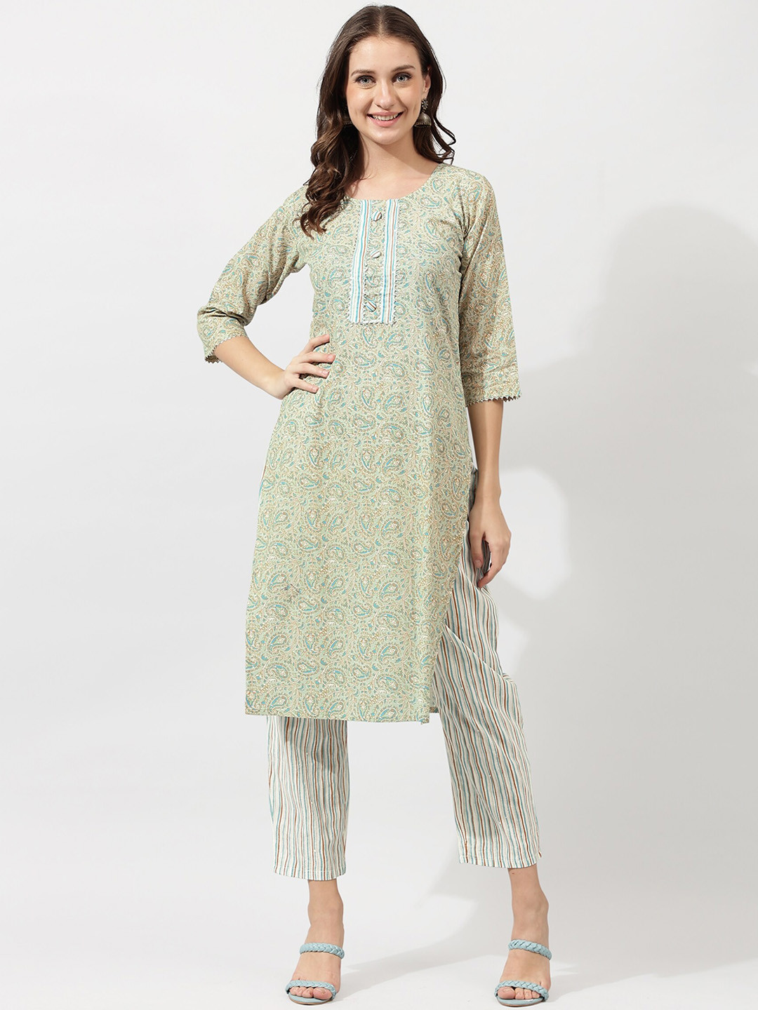 KALINI Green Paisley Printed Regular Gotta Patti Pure Cotton Kurta with Trousers