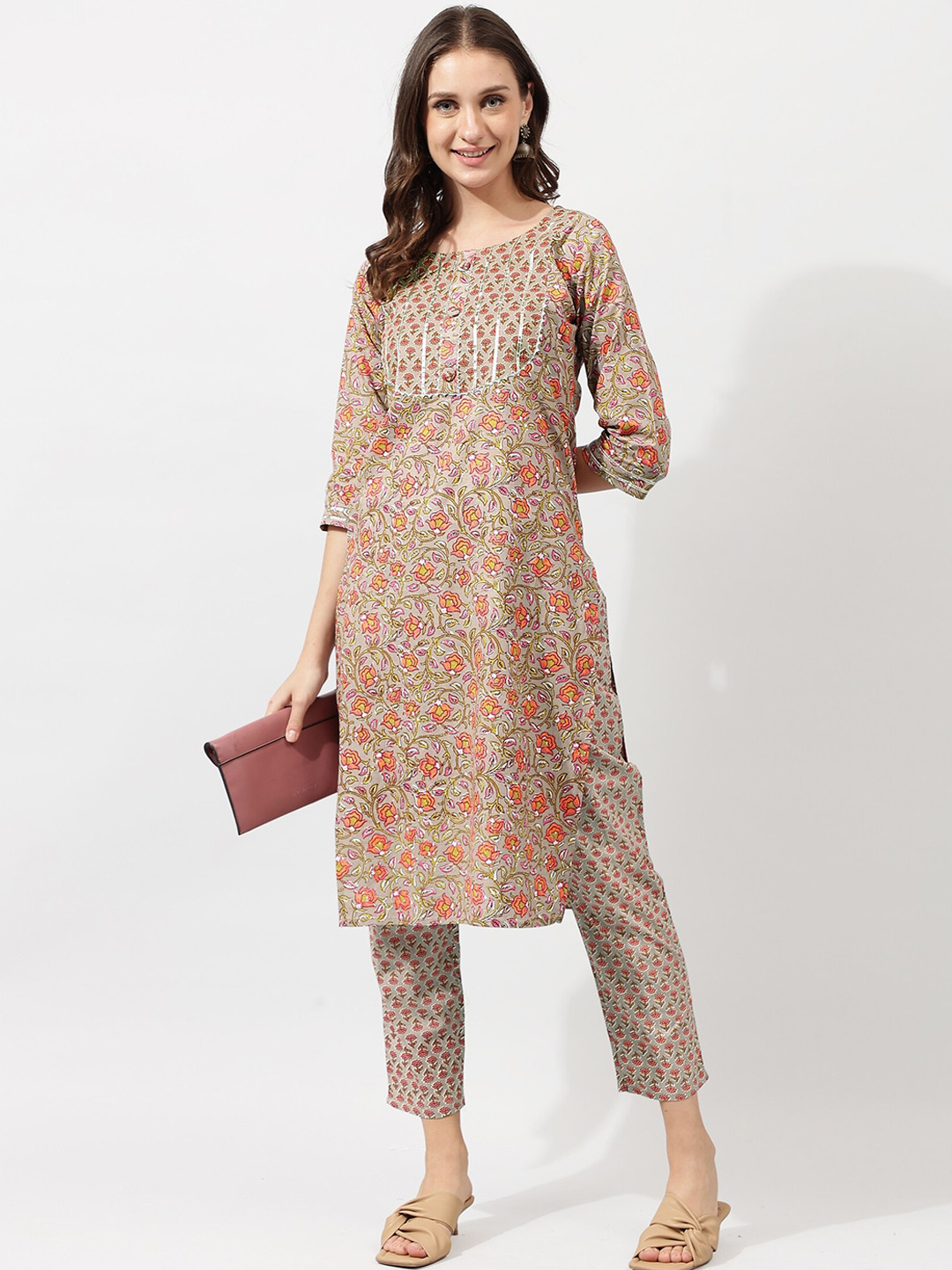 KALINI Beige Ethnic Motifs Printed Gotta Patti Pure Cotton Kurta with Trousers