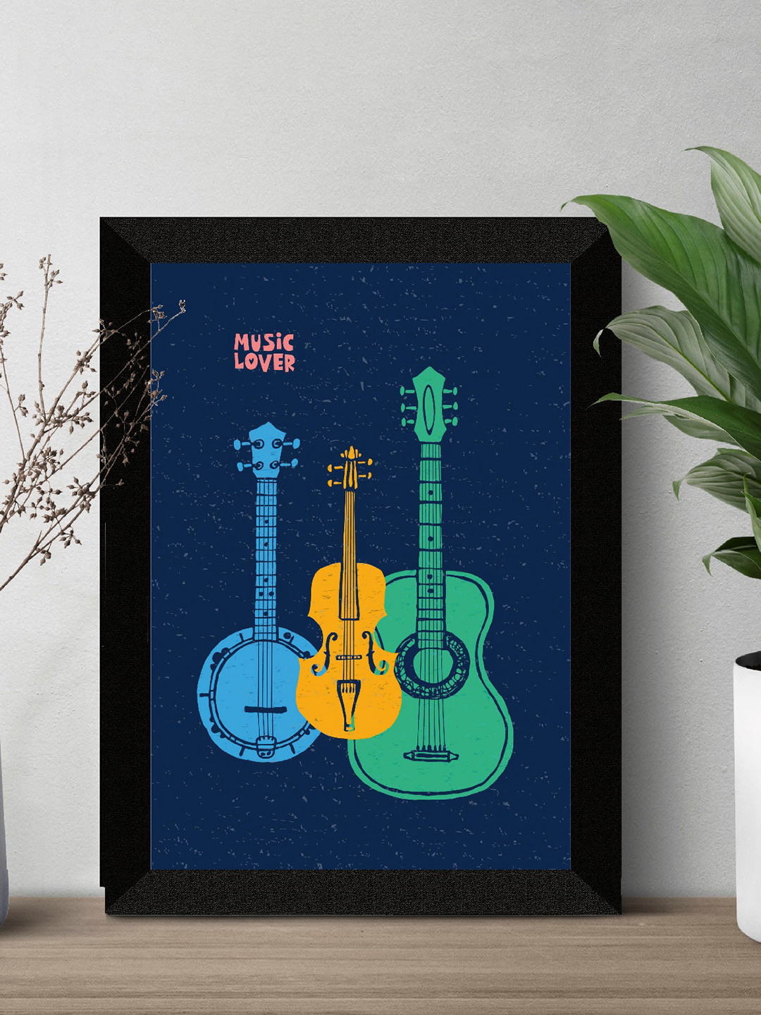SAF Black & Blue Guitar Painted UV Textured Framed Wall Art