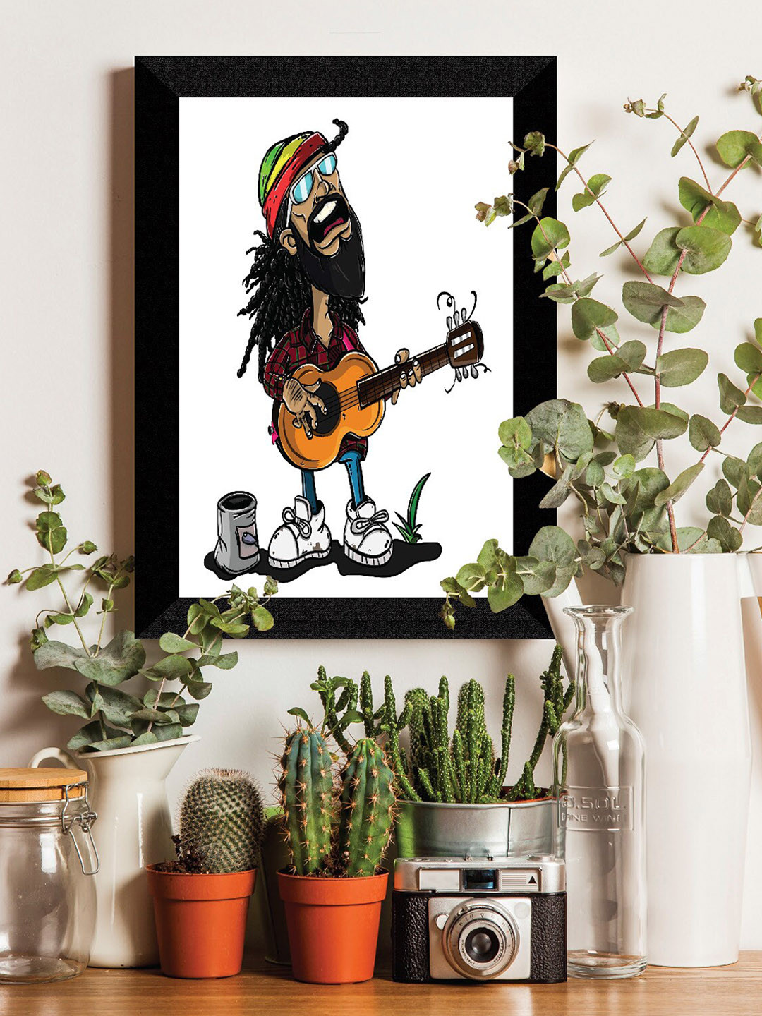 SAF Black & White Guitarist Painted UV Textured Framed Wall Art