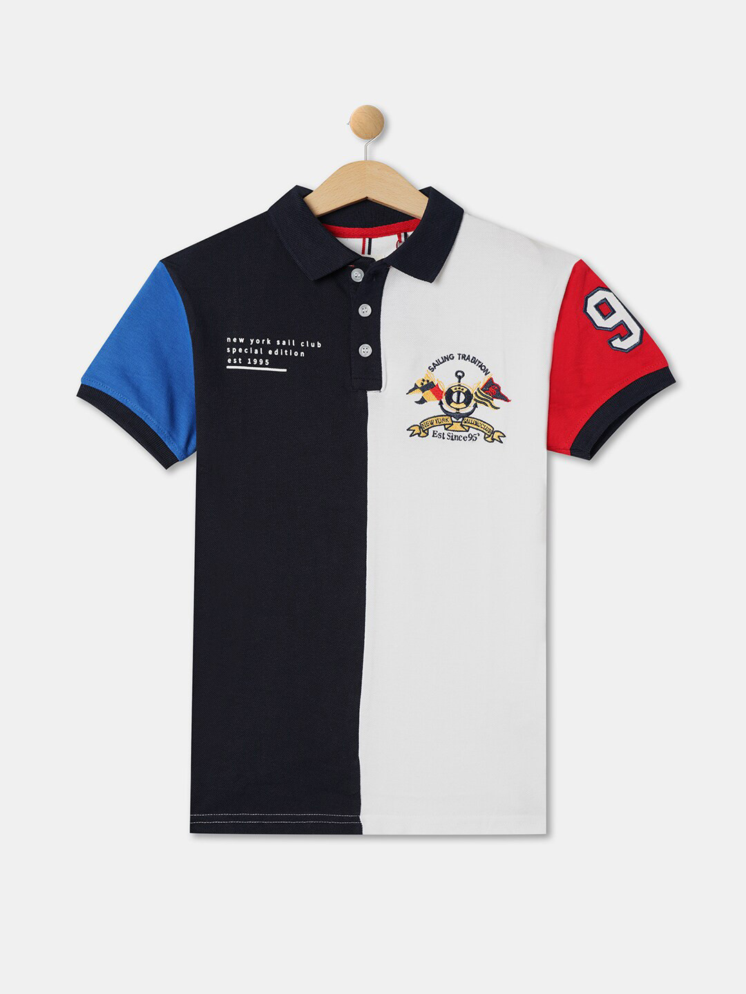 R&B Boys Blue Typography Printed Hooded Applique T-shirt