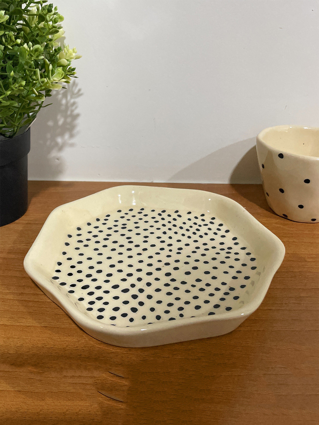 CasaTrunk Cream-Coloured Polka Dot Printed Ceramic Glossy Plate