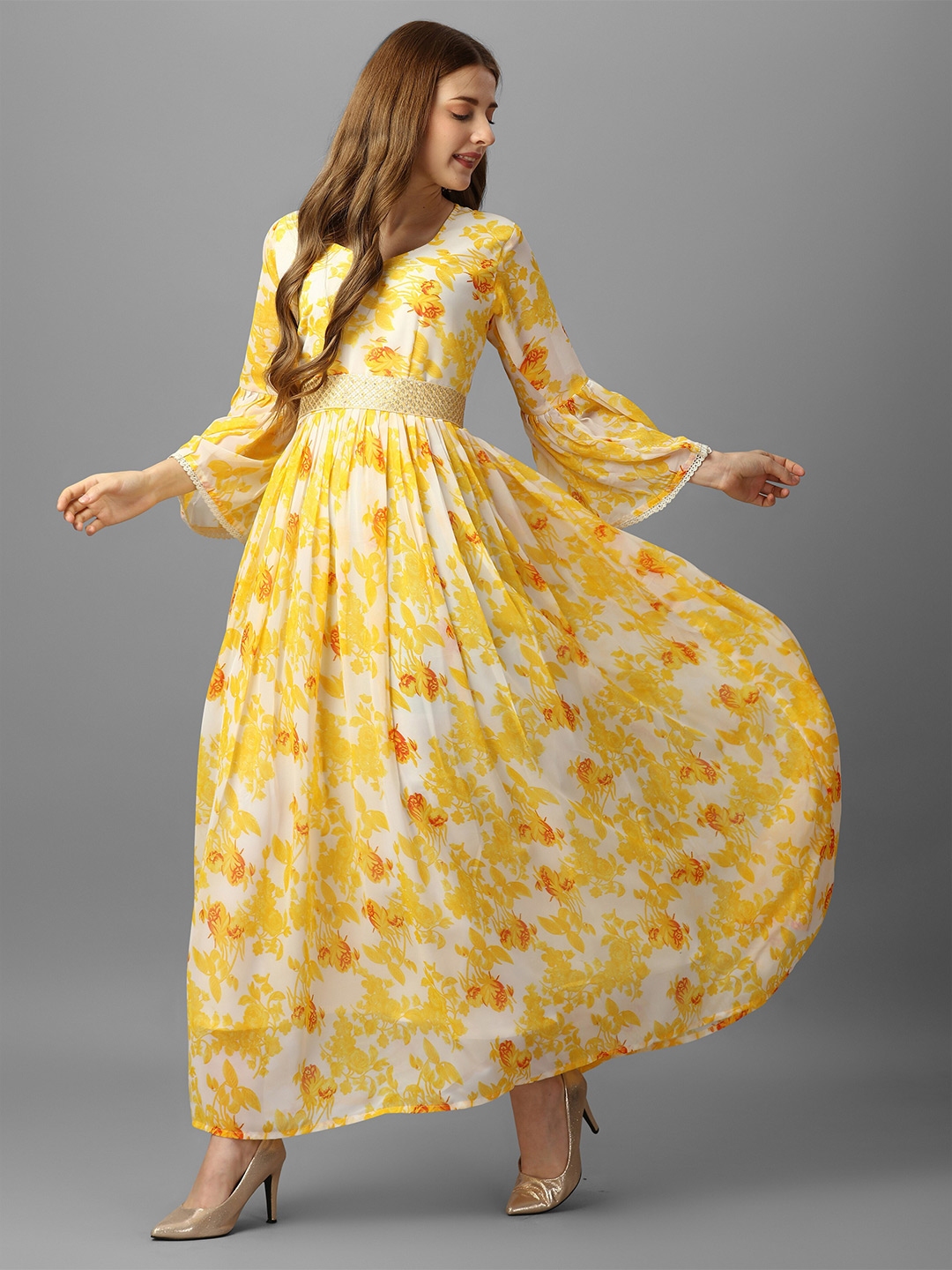 Buy ASPORA Yellow Floral Print Tie Up Neck Bell Sleeve Georgette Maxi Dress Dresses for Women 23391680 Myntra