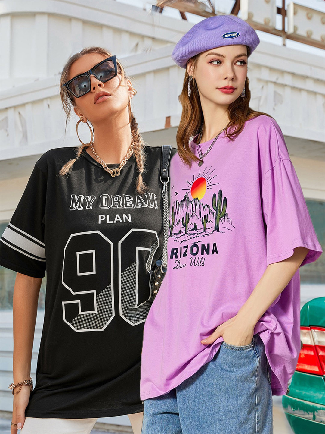 Christy World Women Pack of 2 Printed Oversized Cotton T-shirts