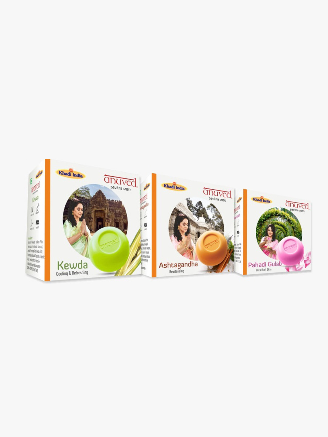 Anuved Set of 3 Herbal Soaps 125g each - Pahadi Gulab + Ashtagandha + Kewda